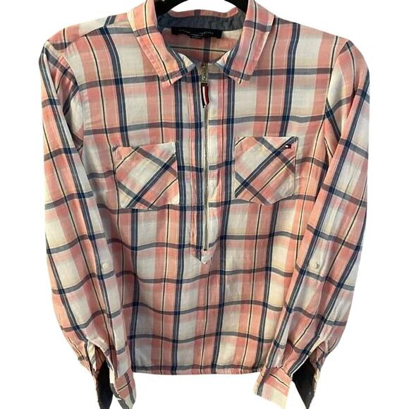 Tommy Hilfiger Pink & Navy Plaid Zip-Up Blouse Size Small - Picture 1 of 6